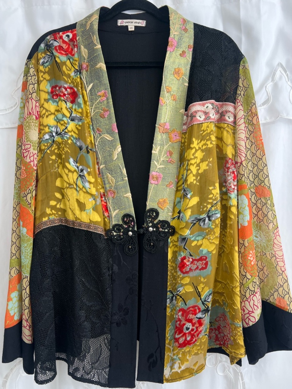Spencer Alexis 2X Patchwork Kimono Jacket Silk Blend Boho Floral Open Front